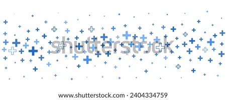 Medical cross and plus background. Abstract seamless blue background for hospital and pharmacy. Geometrical shapes ornament on border. Vector backdrop.