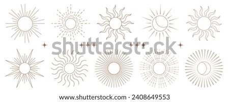 Boho sun vector logo. Outline bohemian moon with rays. Minimal magic abstract outline illustration. Yoga and astrology symbols set. Celestial tribal illustration.