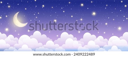 Night sky background. Starry dark gradient space. Crescent moon and clouds dreamy scene. Vector cute landscape panorama. Magic midnight illustration.