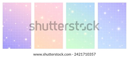 Checkered gradient background with stars. Set of pastel holographic kawaii backdrops. Abstract vector purple squared wallpapers for design