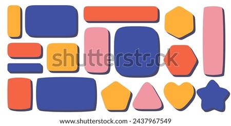 Geometric shapes set. Organic squrcle border for text. Abstract blue smooth bubbles. Doodle polygons stickers with shadow.