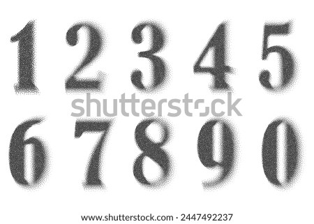 Stipple numbers. Grunge halftone font with pixel pattern. Typography numerals set with abstract dotted effect. Vector pop art design elements