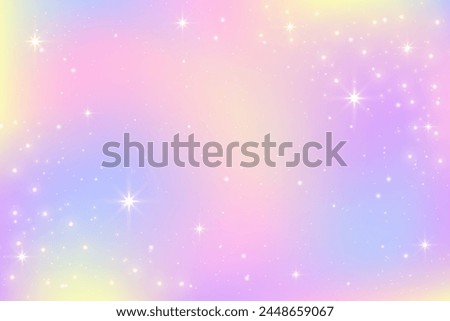 Color gradient background. Light rainbow pastel sky. Abstract iridescent vector texture with sparkles and stars. Soft pink and purple unicorn dreamy wallpaper with spectrum gradation