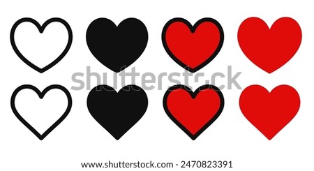 Hearts vector icons set. Love symbols shapes on white background. Valentine day outline set and red likes silhouettes. Black flat graphic. Social media stickers