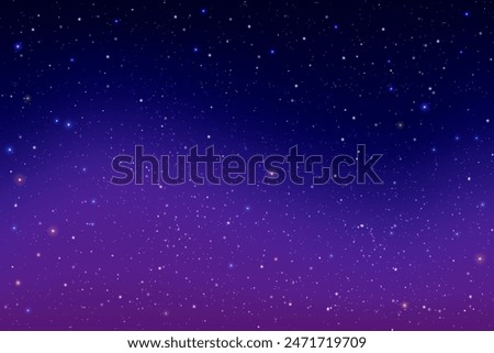 Starry night sky. Dark blue vector space. Black and purple galaxy with cosmic light of planets. Shiny astrology constellations with sparkles. Winter fantasy gradient backdrop. Milky way wallpaper