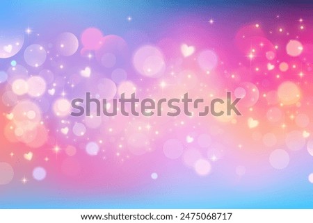 Pink unicorn galaxy with bokeh heart and stars. Cute fantasy purple background with pastel gradient and glitter. Vector dreamy space with fairy holographic texture