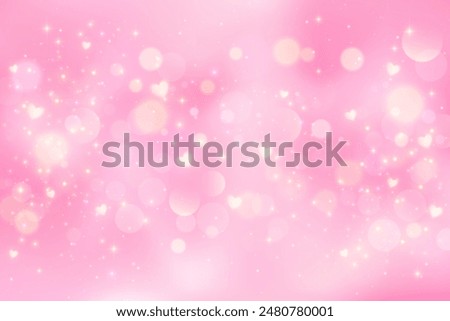 Pink lovely background with hearts bokeh and glitter. Pastel vector fantasy gradient for Valentine Day. Romantic blurred sky with sparkles and stars.