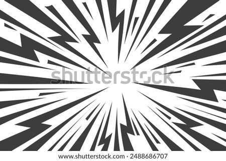 Speed lines in frame for manga comics book. Radial motion background with flash and lightning. Monochrome explosion and flash glow. Vector concentric textured illustration.