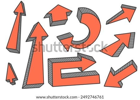 Hand drawn vector doodle arrows set. Pencil red line sketch on white background. Curve design elements. Outline sign of cursor. Graphic vintage marks and bold silhouettes.