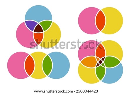 Venn diagrams. Circle intersection for infographic. 2, 3 and four graph template. Vector graphic design for business. Risograph maths objects. Circular schema and logic process illustration