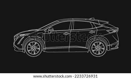 Vector drawing of an EV vehicle. Black and white vector, Nissan Ariya. Side view.