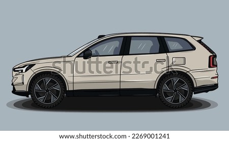 Vector drawing of an SUV car. Beige-colored vehicle. Off-road EV. EPS File. Safe car. Volvo EX90. 