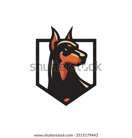 Vector illustration of a dobermen dog's head design in shield can be used as a logo