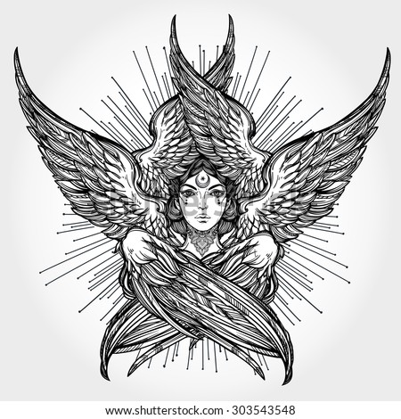 Hand Drawn Romantic Six Winged Angel. Alchemy, Religion, Spirituality ...