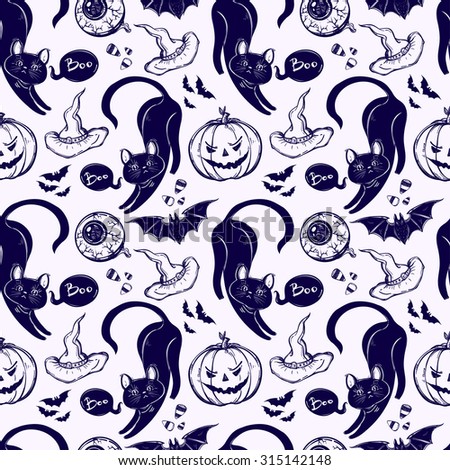 Seamless Halloween pattern. Different Halloween characters, animals and objects. Hand drawn holiday symbols. Isolated vector illustration.