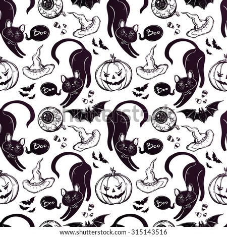 Seamless Halloween pattern. Different Halloween characters, animals and objects. Hand drawn holiday symbols. Isolated vector illustration.