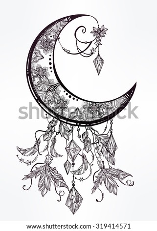 Intricate Hand Drawn Ornate Crescent Moon With Feathers, Gemstones ...