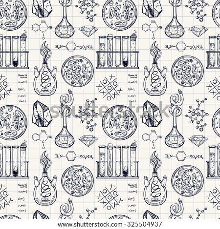 Science and education seamless pattern. Hand drawn vintage laboratory icons, sketches. Isolated Vector illustration. Lab objects doodle style. Back to school.
