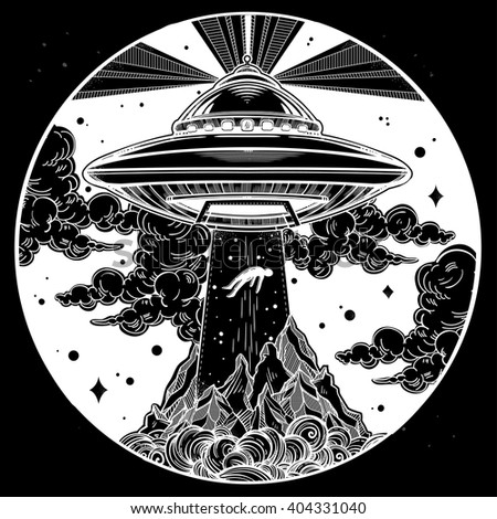Alien Spaceship. Ufo Background With Flying Saucer Abducting A Human ...