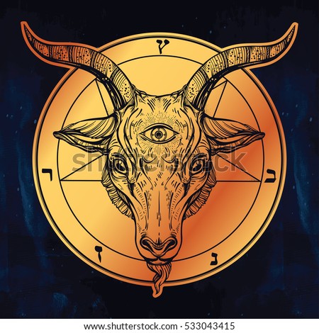 Pentagram with demon Baphomet. Satanic goat head with third eye. Binary satanic symbol. Vector illustration isolated. Tattoo design, retro, music, summer, print symbol for biker black metal themes. Pentagram with demon Baphomet. Satanic goat head with third eye. Binary satanic symbol. Vector illustration isolated. Tattoo design, retro, music, summer, print symbol for biker black metal themes.