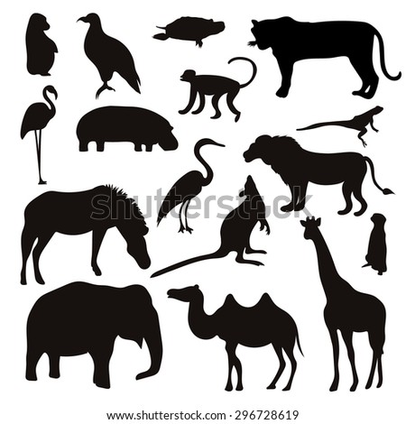 Vector Set of Black Tropical Animals and Birds Silhouettes. Hand drawn vector illustration.
