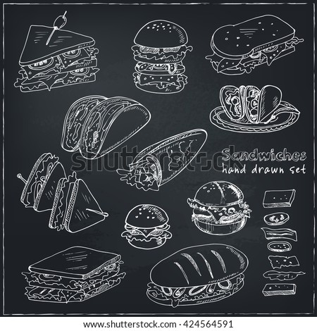 Vector Set of sandwiches. Club sandwich cheeseburger hamburger deli wrap roll taco baguette bagel toast. Illustration for menus, recipes and packages product
