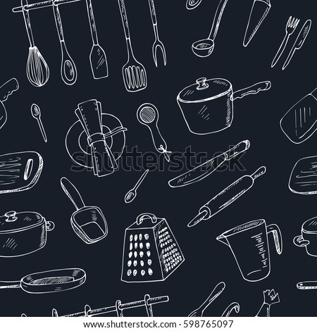 Doodle Kitchen tool seamless pattern - vector isolated illustration