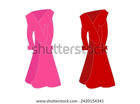 Women's fitted long elegant wrap coats with turn-down collar in pink and red. Demi-season outerwear for women. Colored vector illustration