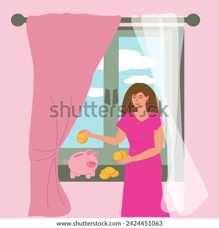 A young woman puts coins in a piggy bank standing on the windowsill. Home accounting, savings, family capital, money multiplication, vector color illustration