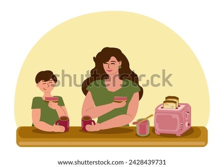 Mom and son are having breakfast together in a good mood, drinking tea and eating toast with jam. On the table there is an electric toaster with toasted bread and a jar of jam. Vector cartoon 