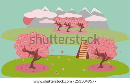 Spring mountain landscape with blooming sakura trees and a bridge connecting two banks. Cherry blossom festival - color vector illustration, banner, background for wallpaper, web design, packaging