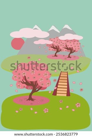 Mountain spring landscape blooming sakura over two banks with a bridge - background, color vertical vector illustration for design wallpapers, banners, packaging