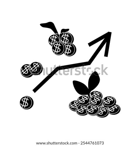 Coins with dollar sign with sprout and up arrow. Concept of money savings or income growth, investment, business. Vector black and white illustration