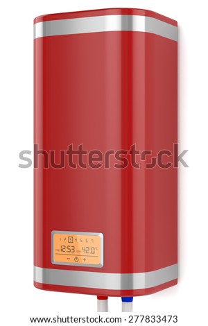 Shiny red boiler, boiler with lines isolated on white background with a touch screen LED orange with black numbers and letters
