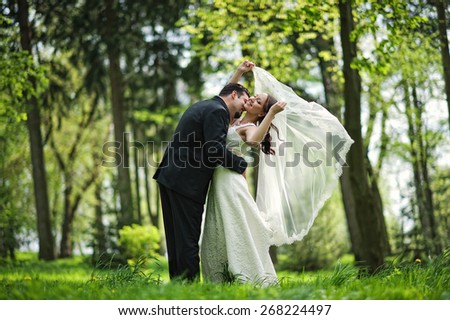 wedding couple. Veil bride at the air