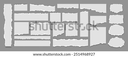 Collection of a big set of white torn paper sheets with isolated realistic shadow effect, collection of ripped paper strip element set. Clipart ripped paper set design. Retro texture background