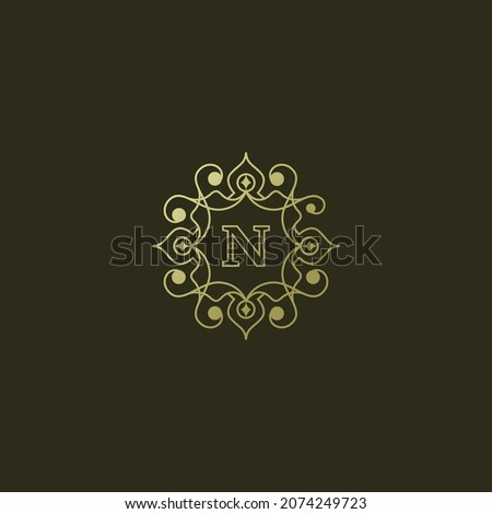 Luxury Logo design flourishes calligraphic elegant ornament lines with letter N. identity for Restaurant, Royalty, Boutique, Cafe, Hotel, Heraldic, Jewelry, Fashion and other vector illustration