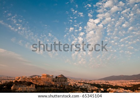 Acropolis of Athens with blue sky and cloud, taken before sunset