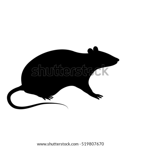 The black silhouette of a rat or mouse is sitting with a tail, paws and ears on a white background