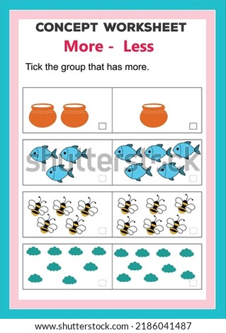 pre math concept worksheet. Learning mathematics numbers. more, less. Kids activity sheet, more less learning worksheet.