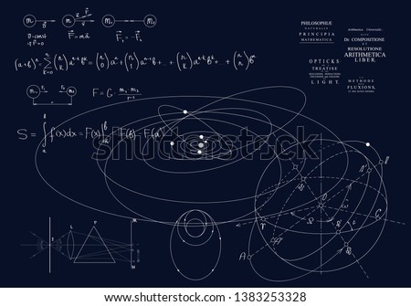 Formulas of classical mechanics, Newton's laws. Physics of motion of bodies, the laws of gravity and optics. Formulas on a dark background