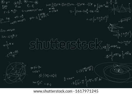 Physical formulas with copy space in the center. Mathematics and physics, scientific concepts. Formulas of classical mechanics on a dark background