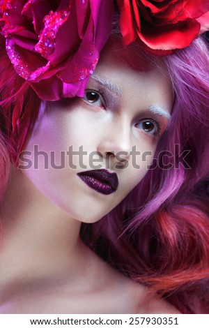beautiful girl with pink hair, flowers in the hair