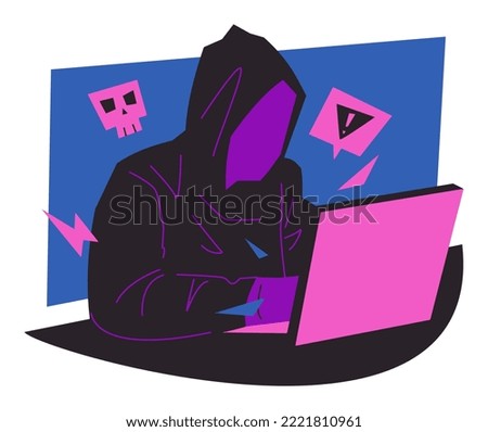 hacker in hooded jacket is hacking on laptop device. exclamation mark, attention, skull icon. technology concept, security, cyber crime, etc. flat vector illustration