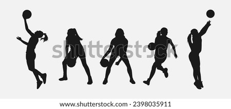 set of silhouettes of female basketball players with different poses, gestures. isolated on white background. vector illustration.