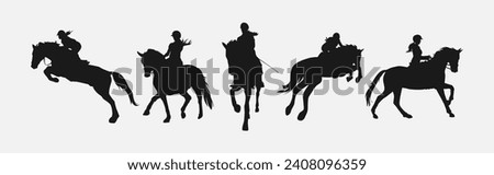 silhouette set of horse and jockey with action, different poses. equestrian sport, dressage, show jumping, horse racing. vector illustration.