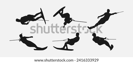 Water ski vector set silhouettes. Isolated on white background, Water sport, summer. Vector illustration.