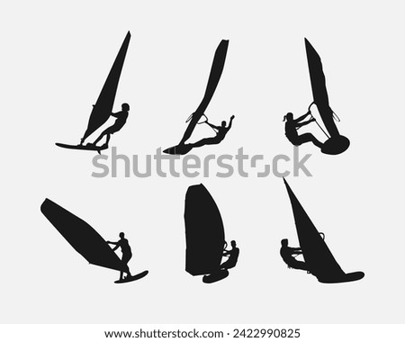 Vector windsurfing silhouette set. Isolated on white background. Water sports, beach, extreme. Vector illustration.