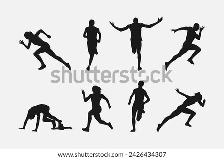 set of silhouettes of sprinter runner with different poses, gestures. isolated on white background. vector illustration.