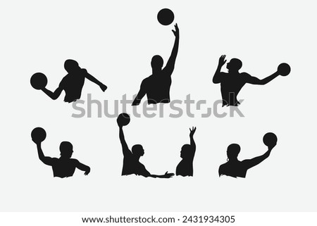 set of silhouettes of water polo players with different poses, gestures. isolated on white background. vector illustration.